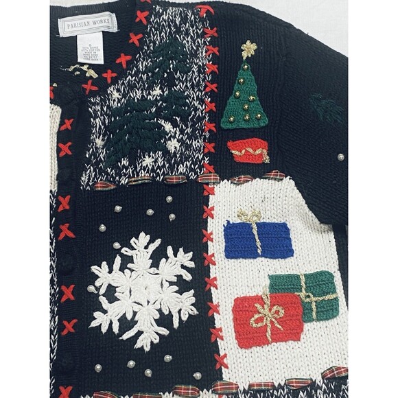Vintage Parisian Works Christmas Cardigan Sweater Embellished Trees Snowman Sz S - Picture 4 of 15